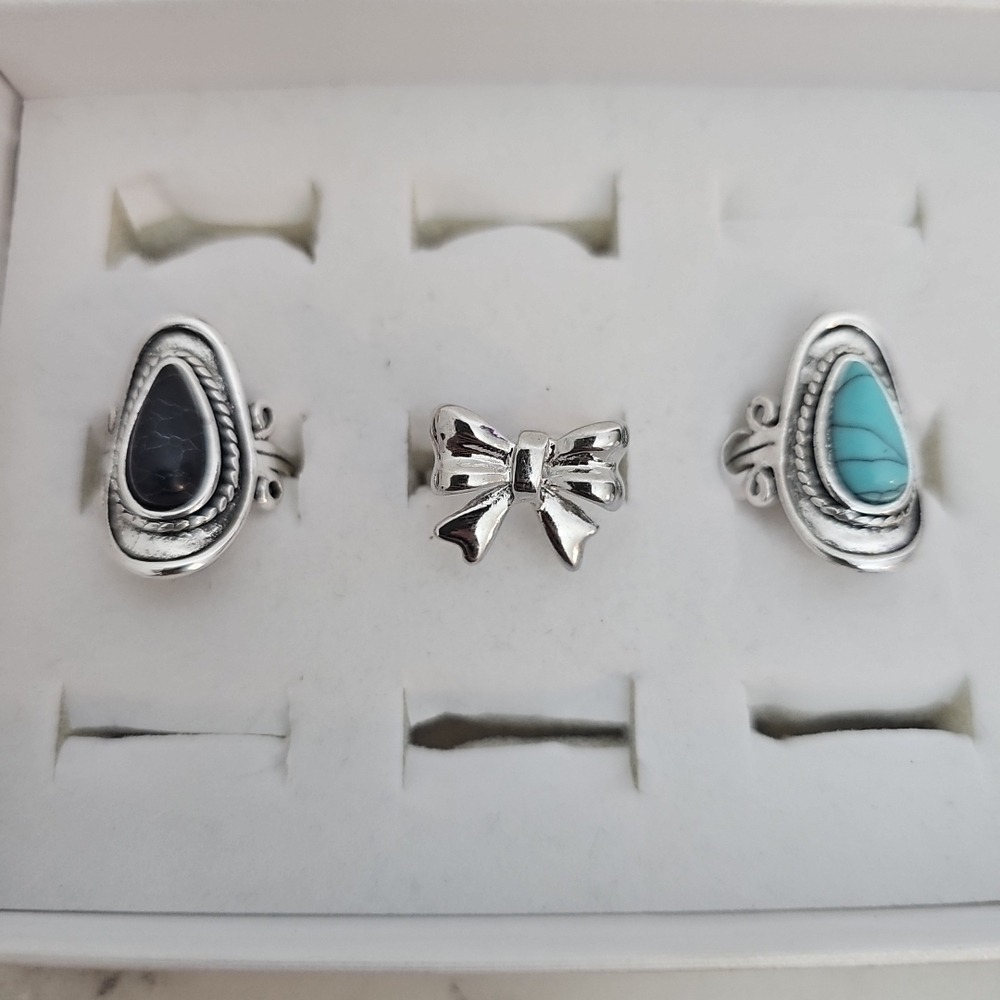 3pc Fashion Ring Set Silver Bow Black Stone Blue Country Girl Southwestern - Picture 2 of 8